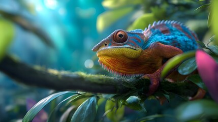 Obraz premium Colorful Chameleon Resting on Branch in Lush Green Jungle