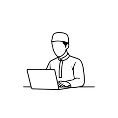 Line art man working on a laptop with traditional attire