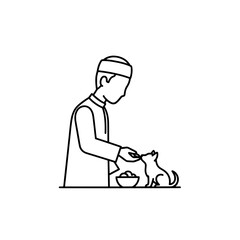 Line art of a man feeding a dog with a bowl