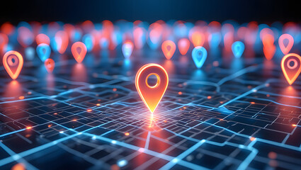 Futuristic Digital Map with Glowing Location Pins and GPS Navigation Technology for Smart Cities