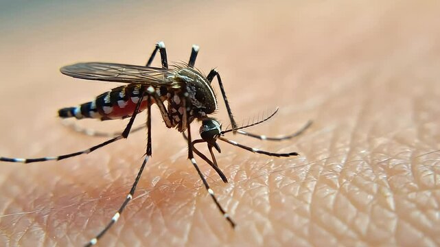 Close-up of a mosquito feeding on human skin, showcasing intricate details and textures