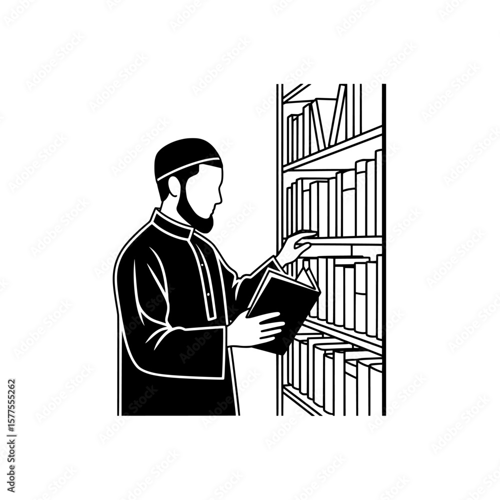 Poster man reading a book in library shelves background