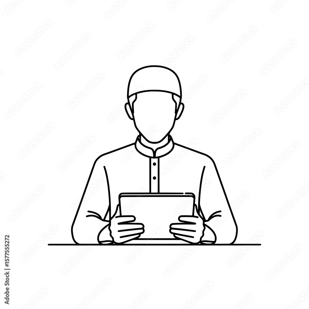 Poster man holding tablet with digital interface in outline style