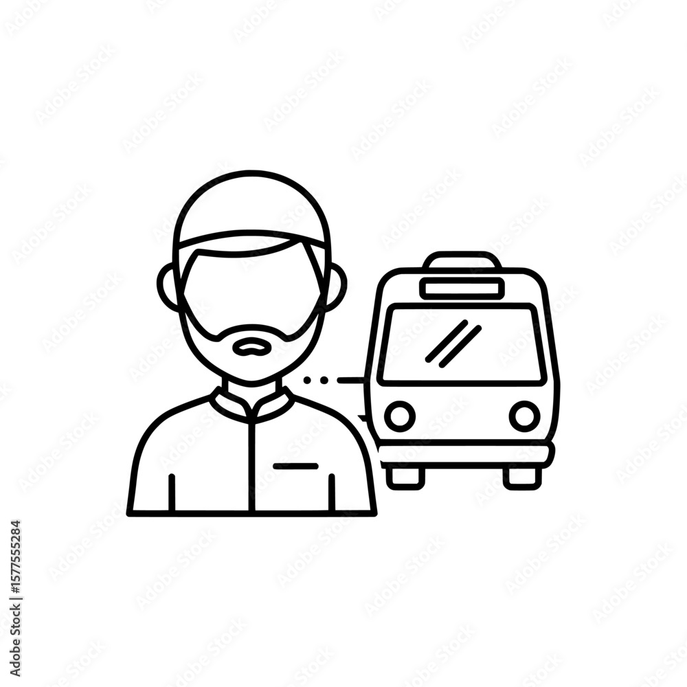 Poster man with beard and cap standing near a bus