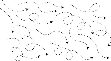 Hand drawn curve dotted line arrow set. curved pointers sign. Sketch curved dashed arrows. signpost showing a confusing complex path. Dashed arrows

