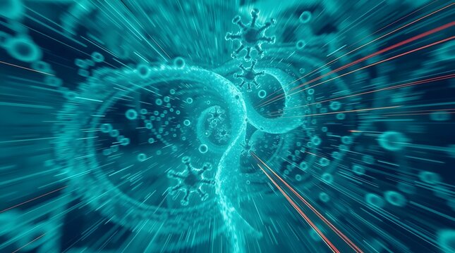 A dynamic and abstract microscopic illustration showing swirling DNA-like structures and virus particles in vibrant teal and blue, with red light streaks