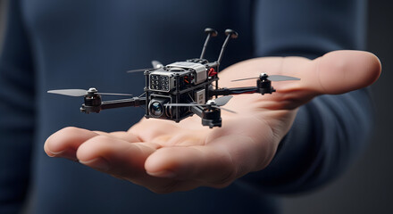 Close-up of a hand holding a small, custom-built FPV micro drone