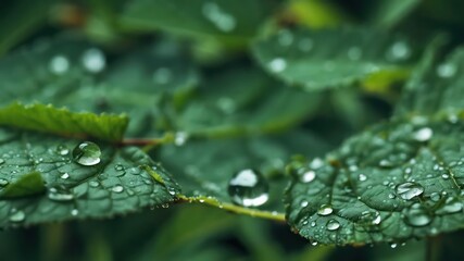 Close-up macro photograph of vibrant green leaves glistening with water droplets after rain.
