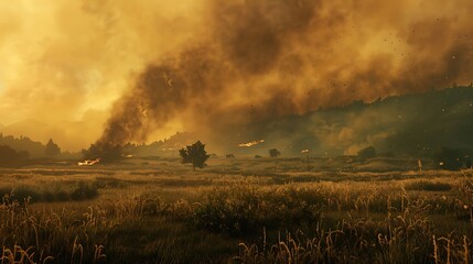 A wildfire sweeping through a grassland, smoke billowing.