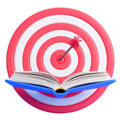 Open book on red and white target with arrow in center, symbolizing focus, achievement, education, and goal setting, with motivational and inspiring feeling