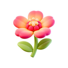 Fototapeta premium Cute 3d rendered stylized flower with pink and orange petals and green leaves isolated on transparent background
