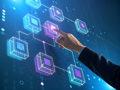 Hand interacting with digital blockchain network interface