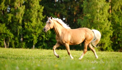 Light golden horse running in a grassy field