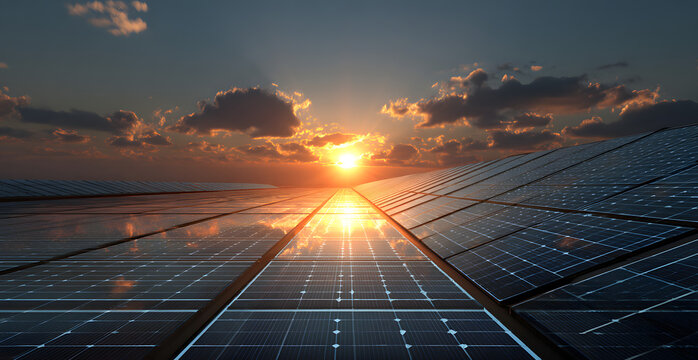 Solar panels at sunrise - 3D illustration - Powered by Adobe