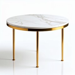 Elegant round table with marble top and golden legs, a stylish furniture option on white background
