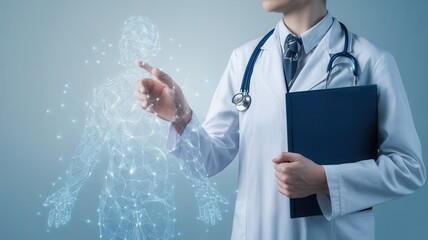 The doctor pointing at the virtual model human body for medical analysis