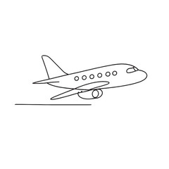 Fototapeta premium A simple line drawing of an airplane taking off with visible windows and landing gear down