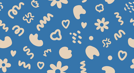 Doodle Delight Cheerful and Playful Abstract Pattern with Whimsical Shapes on Blue for Backgrounds and Designs