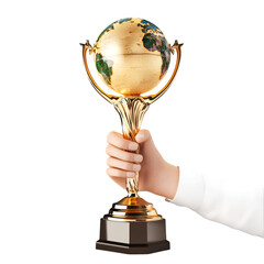 A gleaming golden globe trophy held aloft symbolizes global achievement on a stark black backdrop, perfect for awards or success conceptual designs, transparent background