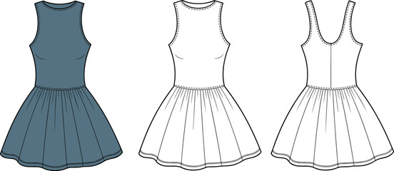 Sleeveless skater dress fashion flat sketch, front and back view, technical drawing for women's clothing design and apparel development