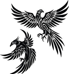 Fototapeta premium Two stylized black phoenix birds with intricate feather designs on a white background illustration