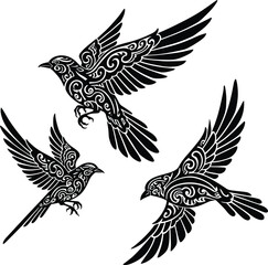 Obraz premium Three black birds in flight with intricate patterns on their bodies against a white background
