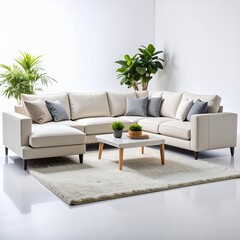 Fototapeta premium Inviting sectional sofa arrangement in a minimalist bright room setting on white background