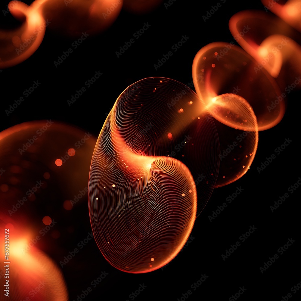 Poster abstract glowing spirals with bokeh effects on a dark background, creating depth and visual interest
