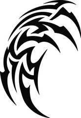 Abstract tribal design in black and white featuring curved and pointed shapes on a white background