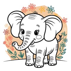 Naklejka premium Adorable baby elephant with big ears surrounded by colorful flowers and green leaves