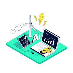 AI Transforms Green Energy into Profit. Eco Technology Processes Renewable Data into Financial Value. Artificial Intelligence in Sustainable Trading. Isometric Vector Illustration