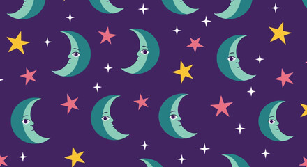 Dreamy Night Pattern Crescent Moons and Sparkling Stars on Purple, Seamless Celestial Background for Fabric and Design Projects