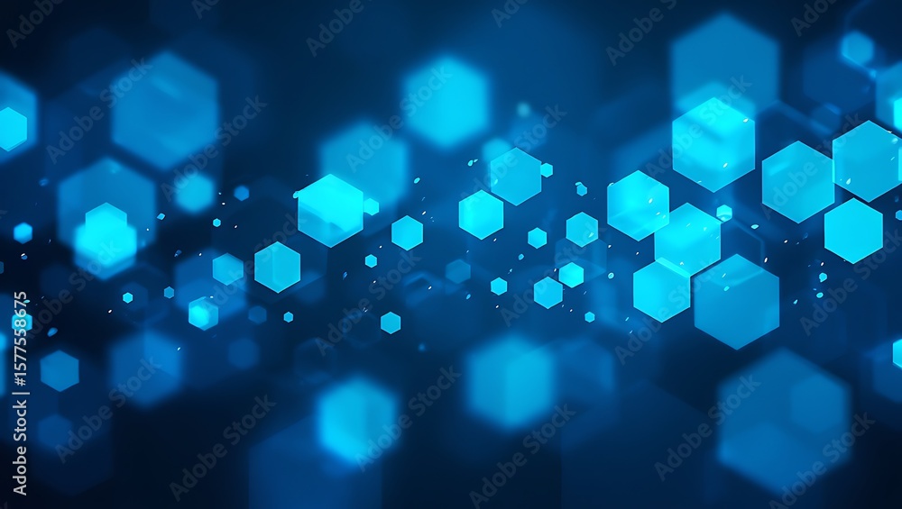 Poster digital network: abstract blue hexagons on dark background, technology backdrop with luminous hexago