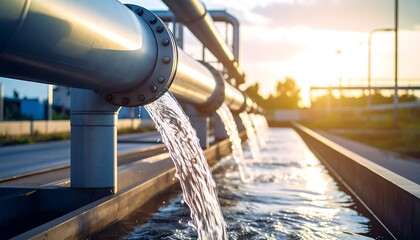 Industrial water pipes pouring into a trough