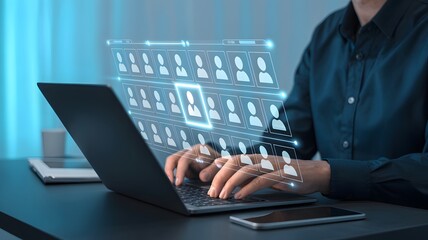 Person using laptop for online recruitment showing candidate selection and management process for new job applicant.