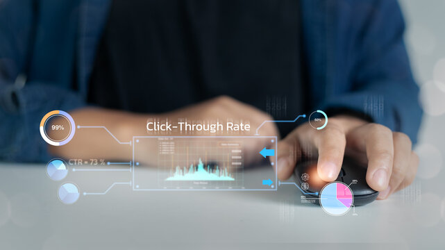 Close-up of hand clicking mouse with digital dashboard showing click-through rate analytics, representing online marketing, web traffic, and advertising performance tracking. - Powered by Adobe