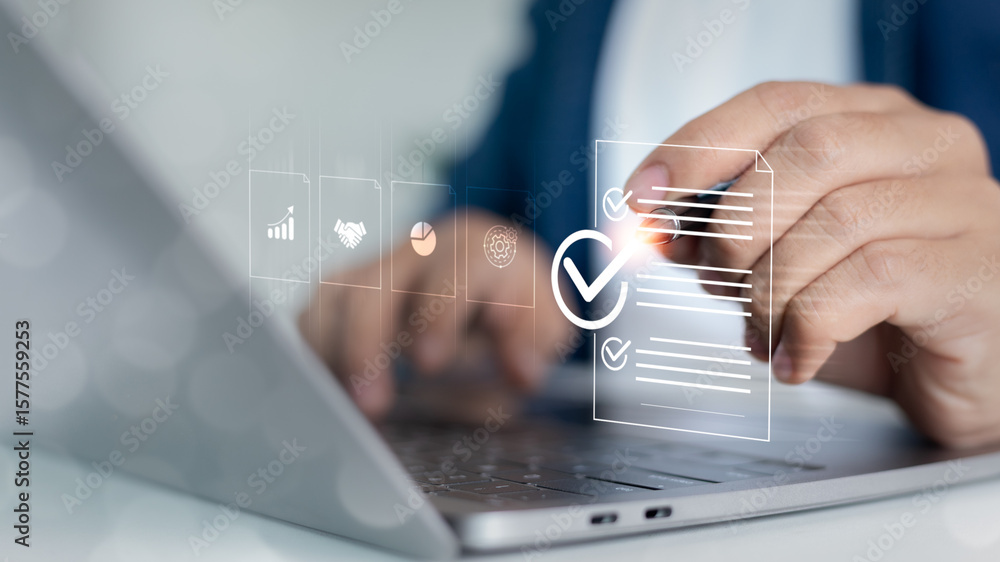 Poster close-up of a hand approving a digital checklist on a laptop screen, representing business workflow,