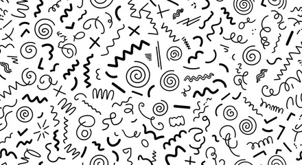 Dynamic Black and White Abstract Pattern of Doodles and Whimsical Swirls for Creative Backgrounds and Textures