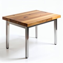 Fototapeta premium Wooden tabletop dining table with reflective metallic legs minimalist design on white background