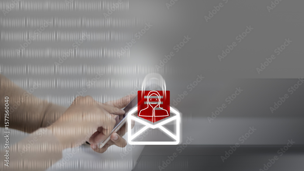 Poster close-up of hands using smartphone with hacker icon in email, representing phishing scam, cyber atta