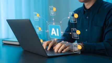Person uses artificial intelligence to process documents, using a laptop in a modern technology business.