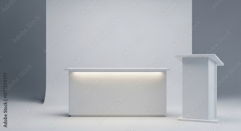 Poster clean presentation stage with a modern lectern and counter set against a neutral backdrop.