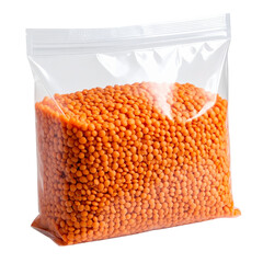 Orange lentils in clear plastic zipper bag