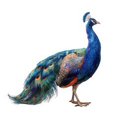 Obraz premium Side view of a vibrant peacock. Detailed plumage in blues, greens, and golds. Black background isolates the bird