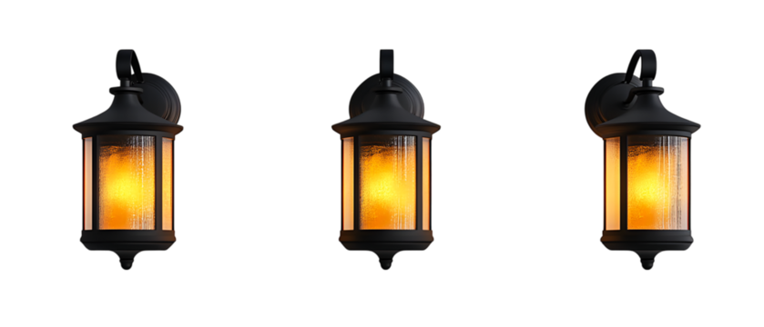 Three outdoor sconces illuminate the darkness with a warm golden glow, showcasing elegant design and inviting ambiance for any home, transparent background