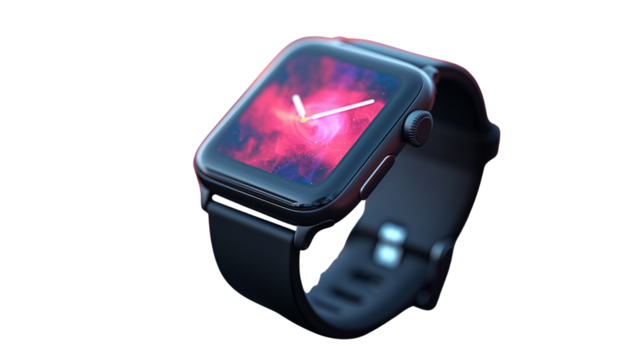 Modern digital smartwatch with vibrant red abstract display and black strap isolated on white. Transparent PNG. tech mockups and product presentations