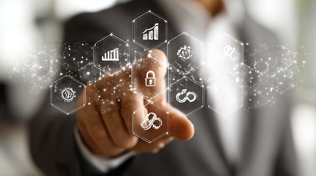 Businessman Interacting with Transparent Hexagon Interface Featuring Security, Analytics, and Technology Icons on Blurred Background