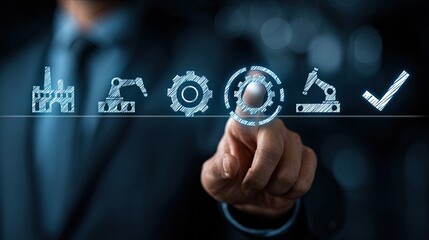 Businessman Interacting with Virtual Interface Featuring Transparent Industrial Automation and Manufacturing Icons on Dark Background