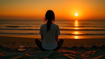 Silhouette of a woman sitting on beach in sunset