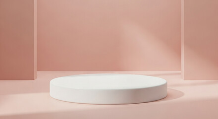 Clean white circular platform in a serene pastel studio setting perfect for product showcase